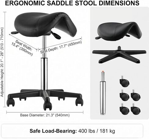 Ergonomic Saddle Stool Chair Heavy Duty Rolling Swivel Chair with Wheels | with Adjustable Tilt, Hydraulic Adjustable Height Stool for Salon, Dentist, Clinic, Home, 400 lbs Capacity in Kuwait