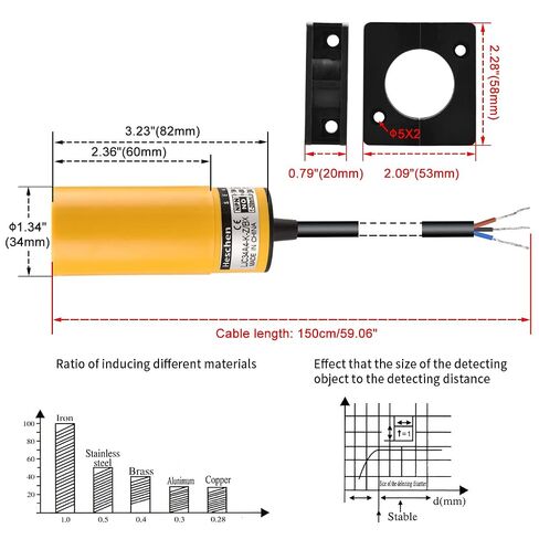 Heschen 34mm Diameter Capacitive Touch Sensor Proximity Sensor Switch, Non-Shield Type, LJC34A4-K-Z/BX, Detector 1-20mm, 10-30VDC 200mA, NPN Normally Open(NO), 3 wire, CE Listed in Kuwait