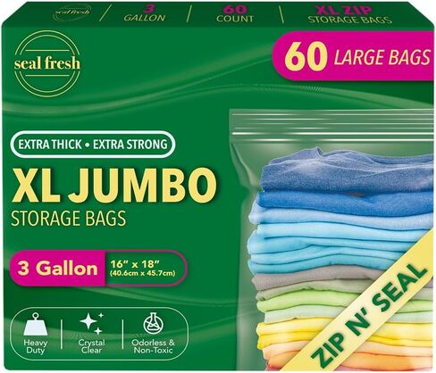 Seal Fresh 3 Gallon Large Plastic Storage Bags – 16" x 18" (30 Count) – Reusable XXL Extra Large Clear Jumbo Zip Bags with Sealable Zipper Top For Clothes, Travel, Moving in Saudi Arabia