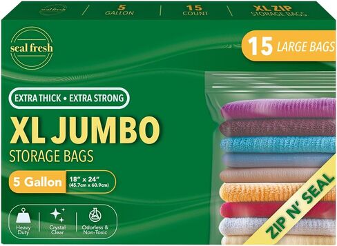 Seal Fresh 3 Gallon Large Plastic Storage Bags – 16" x 18" (30 Count) – Reusable XXL Extra Large Clear Jumbo Zip Bags with Sealable Zipper Top For Clothes, Travel, Moving in Saudi Arabia