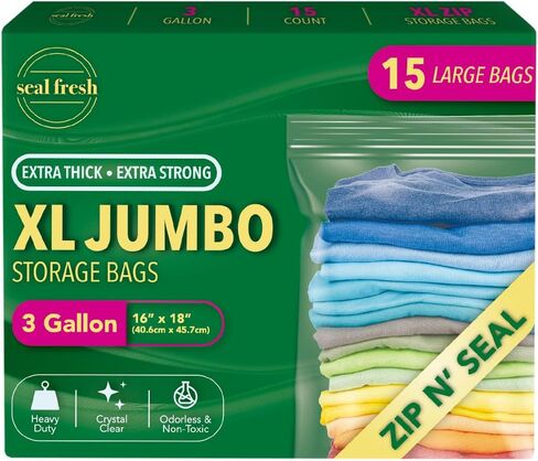 Seal Fresh 3 Gallon Large Plastic Storage Bags – 16" x 18" (30 Count) – Reusable XXL Extra Large Clear Jumbo Zip Bags with Sealable Zipper Top For Clothes, Travel, Moving in Saudi Arabia