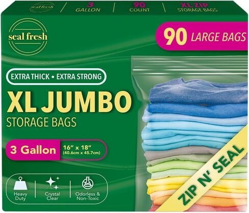 Seal Fresh 3 Gallon Large Plastic Storage Bags – 16" x 18" (30 Count) – Reusable XXL Extra Large Clear Jumbo Zip Bags with Sealable Zipper Top For Clothes, Travel, Moving in Saudi Arabia