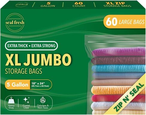 Seal Fresh 3 Gallon Large Plastic Storage Bags – 16" x 18" (30 Count) – Reusable XXL Extra Large Clear Jumbo Zip Bags with Sealable Zipper Top For Clothes, Travel, Moving in Saudi Arabia