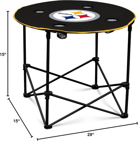 طاولة مستديرة قابلة للطي بشعار NFL بيتسبرغ ستيلرز مع 4 حاملات أكواب وحقيبة حمل، لون الفريق in Kuwait