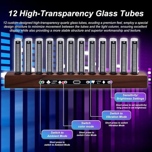 RGB Sound Pickup Light,LED Music Spectrum Display，12 LED Light Tubes Automatic Adjustment Colorful Rhythm Light Bar, with Solid Wood Base for Gaming,Livehouse,Studio, Home Decor in Kuwait