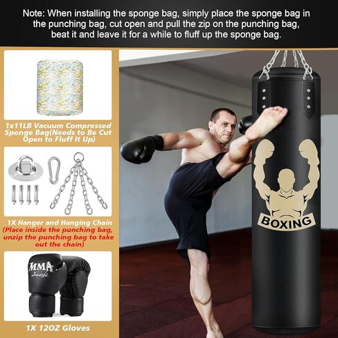 Filled Punching Bag for Adults, 4FT PU Leather Hanging Bag with 11lb Sponge Filler, Come with 12OZ Gloves, Heavy Bag Boxing Equipment for Training Karate Kickboxing Home Gym in Kuwait