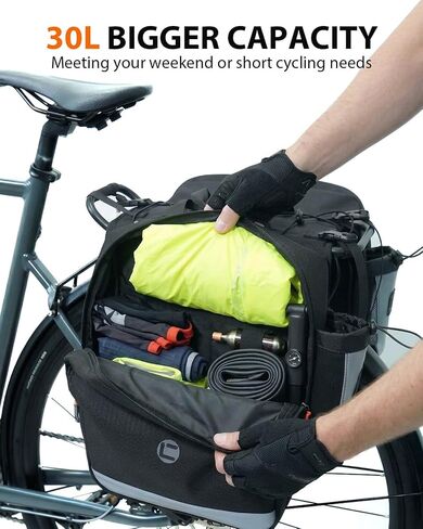 NDakter Bike Panniers، 30L حقائب دراجات مضادة للماء للرف الخلفي، حقيبة سرج مزدوجة قابلة للتوسيع مع شرائط عاكسة، ملحقات الدراجة الإلكترونية للتنقل وركوب الدراجات الجبلية in Kuwait