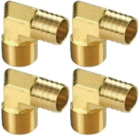 4-Piece Brass 90° Hose Barb x 1/2" NPT Male Elbow Fitting, Fits 5/8" ID Hose, 300 PSI Max Pressure in Kuwait