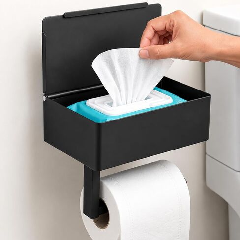 Toilet Paper Holder with Storage, Wall Mount Toilet Paper Holder with Shelf, Flushable Wipes Dispenser, Sanitary Napkin Receptacle, Matte Black Stainless Steel for Bathroom Commercial in Kuwait