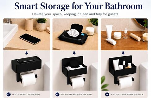 Toilet Paper Holder with Storage, Wall Mount Toilet Paper Holder with Shelf, Flushable Wipes Dispenser, Sanitary Napkin Receptacle, Matte Black Stainless Steel for Bathroom Commercial in Kuwait