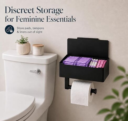 Toilet Paper Holder with Storage, Wall Mount Toilet Paper Holder with Shelf, Flushable Wipes Dispenser, Sanitary Napkin Receptacle, Matte Black Stainless Steel for Bathroom Commercial in Kuwait