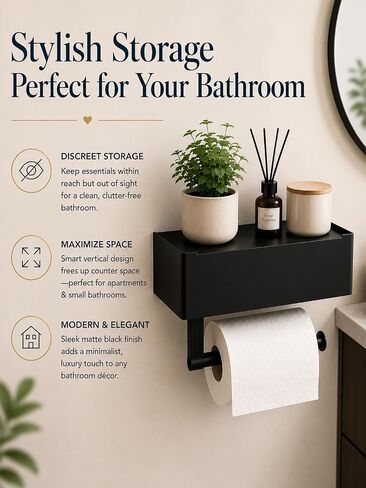 Toilet Paper Holder with Storage, Wall Mount Toilet Paper Holder with Shelf, Flushable Wipes Dispenser, Sanitary Napkin Receptacle, Matte Black Stainless Steel for Bathroom Commercial in Kuwait