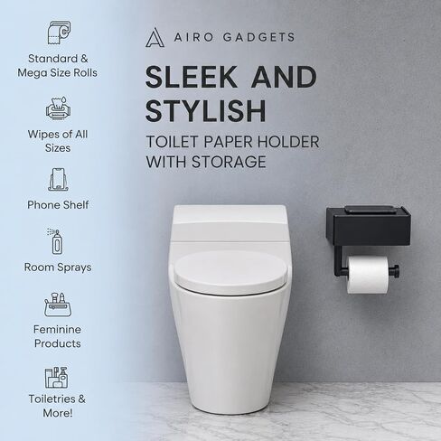 Toilet Paper Holder with Storage, Wall Mount Toilet Paper Holder with Shelf, Flushable Wipes Dispenser, Sanitary Napkin Receptacle, Matte Black Stainless Steel for Bathroom Commercial in Kuwait