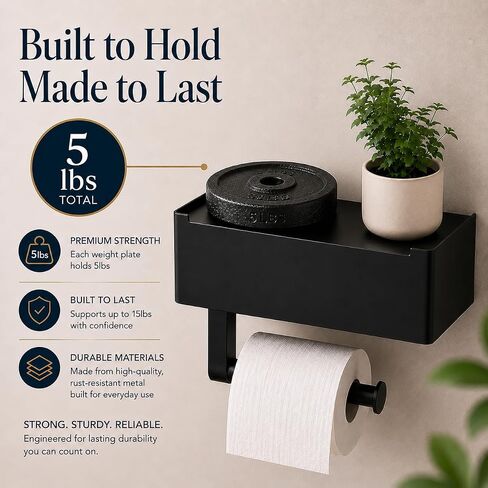 Toilet Paper Holder with Storage, Wall Mount Toilet Paper Holder with Shelf, Flushable Wipes Dispenser, Sanitary Napkin Receptacle, Matte Black Stainless Steel for Bathroom Commercial in Kuwait