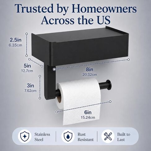 Toilet Paper Holder with Storage, Wall Mount Toilet Paper Holder with Shelf, Flushable Wipes Dispenser, Sanitary Napkin Receptacle, Matte Black Stainless Steel for Bathroom Commercial in Kuwait