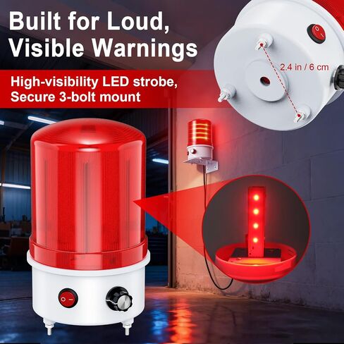 ضوء صفارة إنذار تحذيري دوار صناعي LED مع حامل، أحمر 0-120 ديسيبل مع صفارة، جهد عريض 100-240 فولت تيار متردد، 4 وات ABS IP65 مقاوم للماء، ضوء إشارة إنذار مثبت على مسمار للمصنع والبناء in Kuwait