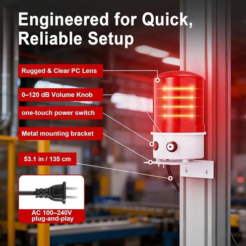 ضوء صفارة إنذار تحذيري دوار صناعي LED مع حامل، أحمر 0-120 ديسيبل مع صفارة، جهد عريض 100-240 فولت تيار متردد، 4 وات ABS IP65 مقاوم للماء، ضوء إشارة إنذار مثبت على مسمار للمصنع والبناء in Kuwait