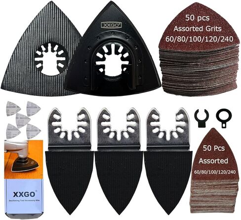 XXGO 105 قطعة من وسادات الصنفرة المتأرجحة متعددة الأدوات، 2 قطعة من وسادات الصنفرة المثلثة، 3 قطع من وسادات الصنفرة بالإصبع، 100 قطعة من ورق الصنفرة متعدد الأدوات لصنفرة الخشب XG3105 in Kuwait
