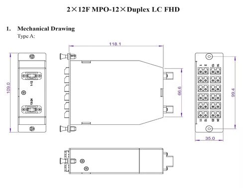 FHD MPO-LC Cassette, OM4 Multimode, Type A, 24 Fibers, 2 x MPO-12 (Male) to 12 x LC Duplex (Aqua), 0.35dB Max in Kuwait