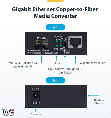 StarTech Single-Mode (SM) LC Fiber Media Converter for 10/100/1000 Networks, Standalone Gigabit Ethernet to Fiber Converter, 20km - TAA in Kuwait