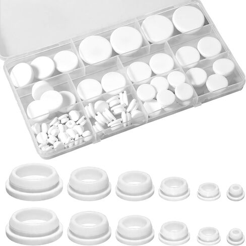 62 PCS 6 Sizes Silicone Rubber Plugs for Round Holes, Drainage Plugs for Planters, 1" 3/4" 5/8" 1/2" 3/8" 1/4" White Hole Plug Snap Locking T-Shape Furniture Bathtub in Kuwait