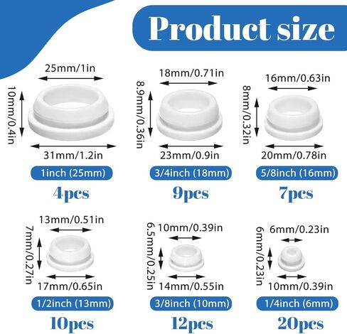 62 PCS 6 Sizes Silicone Rubber Plugs for Round Holes, Drainage Plugs for Planters, 1" 3/4" 5/8" 1/2" 3/8" 1/4" White Hole Plug Snap Locking T-Shape Furniture Bathtub in Kuwait