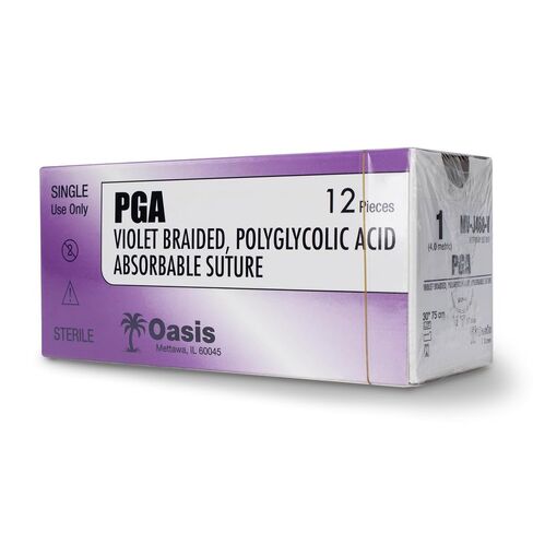 Oasis Vet PGA (Polyglycolic Acid) Surgical Suture, 1, (CP-1) 1/2 37mm Reverse Cutting Needle, 75cm, 12/Box, Veterinary Use in Kuwait