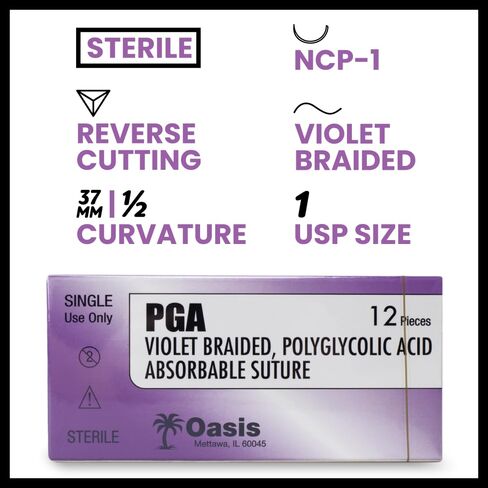 Oasis Vet PGA (Polyglycolic Acid) Surgical Suture, 1, (CP-1) 1/2 37mm Reverse Cutting Needle, 75cm, 12/Box, Veterinary Use in Kuwait