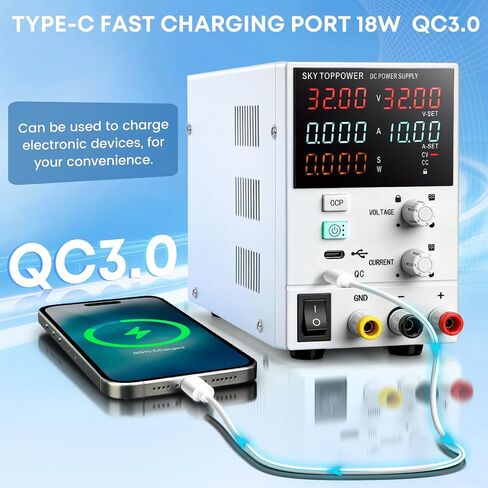 DC Power Supply Variable,32V 10A Power Supply with USB-C PC Control,Programmable,Encoder Knob,18W Quick Charge,Dual Display for Lab,Testing,Electronics Repair,Battery Charging,White in Kuwait