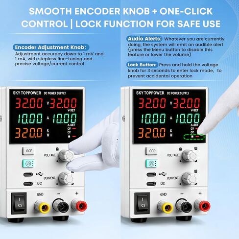 DC Power Supply Variable,32V 10A Power Supply with USB-C PC Control,Programmable,Encoder Knob,18W Quick Charge,Dual Display for Lab,Testing,Electronics Repair,Battery Charging,White in Kuwait