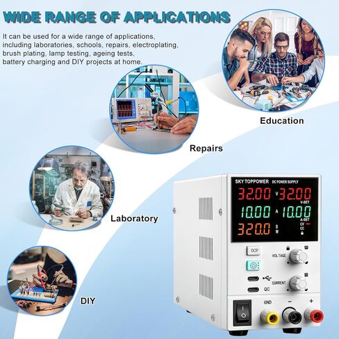 DC Power Supply Variable,32V 10A Power Supply with USB-C PC Control,Programmable,Encoder Knob,18W Quick Charge,Dual Display for Lab,Testing,Electronics Repair,Battery Charging,White in Kuwait