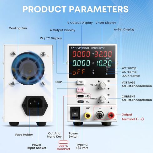 DC Power Supply Variable,32V 10A Power Supply with USB-C PC Control,Programmable,Encoder Knob,18W Quick Charge,Dual Display for Lab,Testing,Electronics Repair,Battery Charging,White in Kuwait