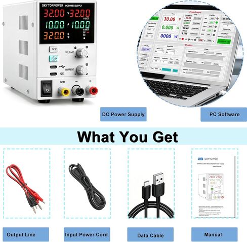 DC Power Supply Variable,32V 10A Power Supply with USB-C PC Control,Programmable,Encoder Knob,18W Quick Charge,Dual Display for Lab,Testing,Electronics Repair,Battery Charging,White in Kuwait