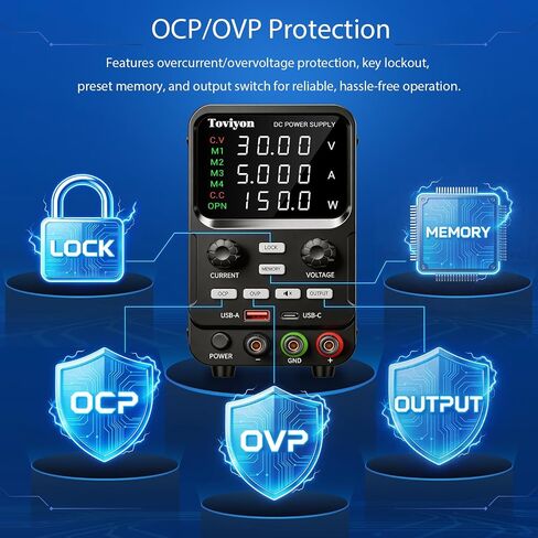 DC Power Supply Variable, 0-30V 0-5A Adjustable Bench Power Supply with Encoder Adjustment, Output Enable Button, 4-Digit LED Display, 4 Groups Memory Storage Short Circuit Protection (Black) in Kuwait