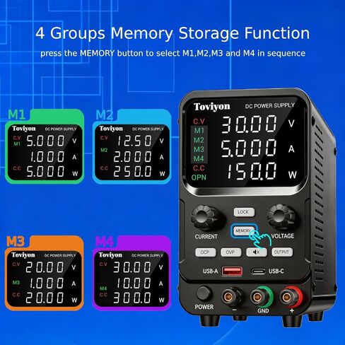 DC Power Supply Variable, 0-30V 0-5A Adjustable Bench Power Supply with Encoder Adjustment, Output Enable Button, 4-Digit LED Display, 4 Groups Memory Storage Short Circuit Protection (Black) in Kuwait