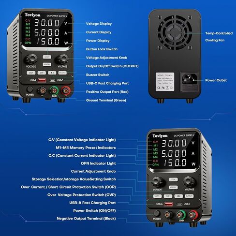 DC Power Supply Variable, 0-30V 0-5A Adjustable Bench Power Supply with Encoder Adjustment, Output Enable Button, 4-Digit LED Display, 4 Groups Memory Storage Short Circuit Protection (Black) in Kuwait