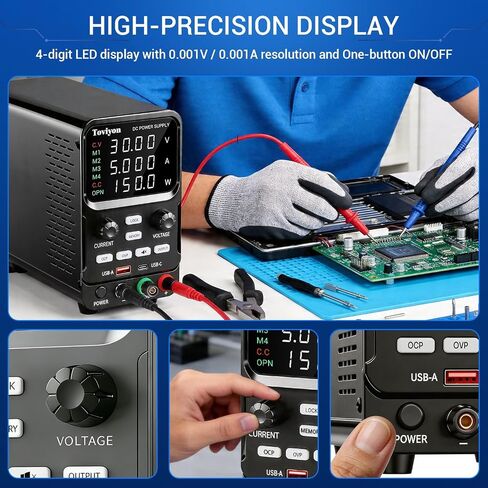 DC Power Supply Variable, 0-30V 0-5A Adjustable Bench Power Supply with Encoder Adjustment, Output Enable Button, 4-Digit LED Display, 4 Groups Memory Storage Short Circuit Protection (Black) in Kuwait