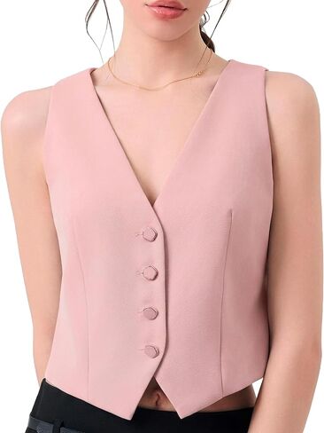 SANDY & SID Womens Sleeveless Vests Pink Button V Neck Slim Fit Trendy Basic Waistcoats Casual Office Business Summer in Kuwait