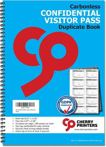 Cherry Confidential Visitor Pass Book | Carbonless Duplicate Visitor Log with Security Sheet & Perforated Tear-Out Slips | 300 Visitor Passes with Log Sheet for Schools, Businesses & Workplaces in Kuwait