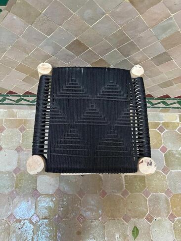 Moroccan Style Handwoven Stool, Black Geometric Pattern Rattan Seat, Natural Wood Legs Footstool for Living Room Bedroom Entryway, Compact Accent Stool in Kuwait