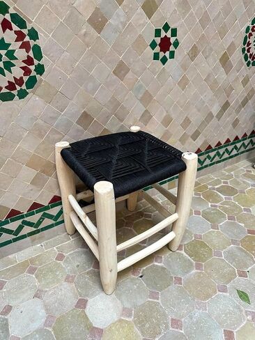 Moroccan Style Handwoven Stool, Black Geometric Pattern Rattan Seat, Natural Wood Legs Footstool for Living Room Bedroom Entryway, Compact Accent Stool in Kuwait