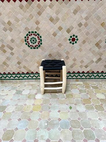 Moroccan Style Handwoven Stool, Black Geometric Pattern Rattan Seat, Natural Wood Legs Footstool for Living Room Bedroom Entryway, Compact Accent Stool in Kuwait