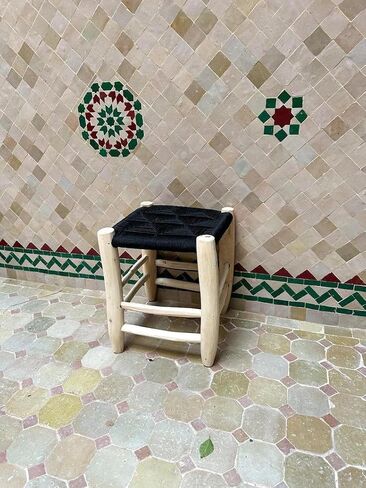 Moroccan Style Handwoven Stool, Black Geometric Pattern Rattan Seat, Natural Wood Legs Footstool for Living Room Bedroom Entryway, Compact Accent Stool in Kuwait
