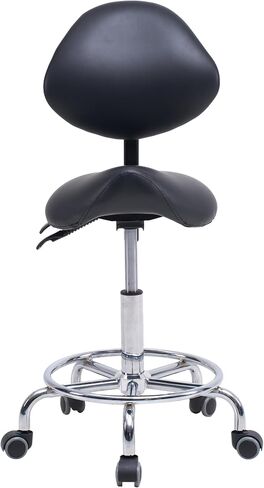 Saddle Stool Chair, Rolling Stool Chair, Ergonomic Hydraulic Stool with Backrest, Tilt Seat, Wheels, Footrest, Adjustable Height for Clinic Salon Dental, Black in Kuwait