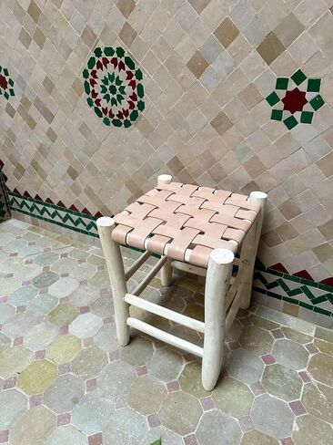 Bohemian Woven Leather Stool, Natural Wood Frame Footstool, Handcrafted Ottoman for Living Room Bedroom Entryway, Compact Seating Stool in Kuwait