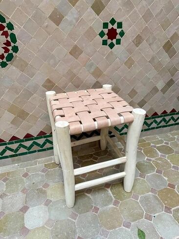 Bohemian Woven Leather Stool, Natural Wood Frame Footstool, Handcrafted Ottoman for Living Room Bedroom Entryway, Compact Seating Stool in Kuwait