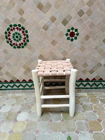 Bohemian Woven Leather Stool, Natural Wood Frame Footstool, Handcrafted Ottoman for Living Room Bedroom Entryway, Compact Seating Stool in Kuwait