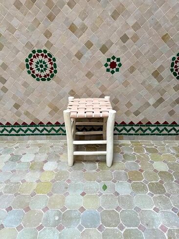 Bohemian Woven Leather Stool, Natural Wood Frame Footstool, Handcrafted Ottoman for Living Room Bedroom Entryway, Compact Seating Stool in Kuwait