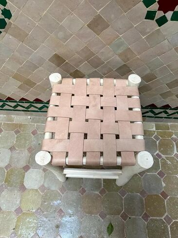 Bohemian Woven Leather Stool, Natural Wood Frame Footstool, Handcrafted Ottoman for Living Room Bedroom Entryway, Compact Seating Stool in Kuwait