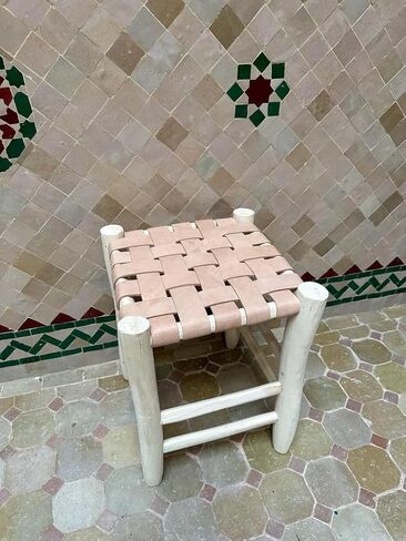 Bohemian Woven Leather Stool, Natural Wood Frame Footstool, Handcrafted Ottoman for Living Room Bedroom Entryway, Compact Seating Stool in Kuwait
